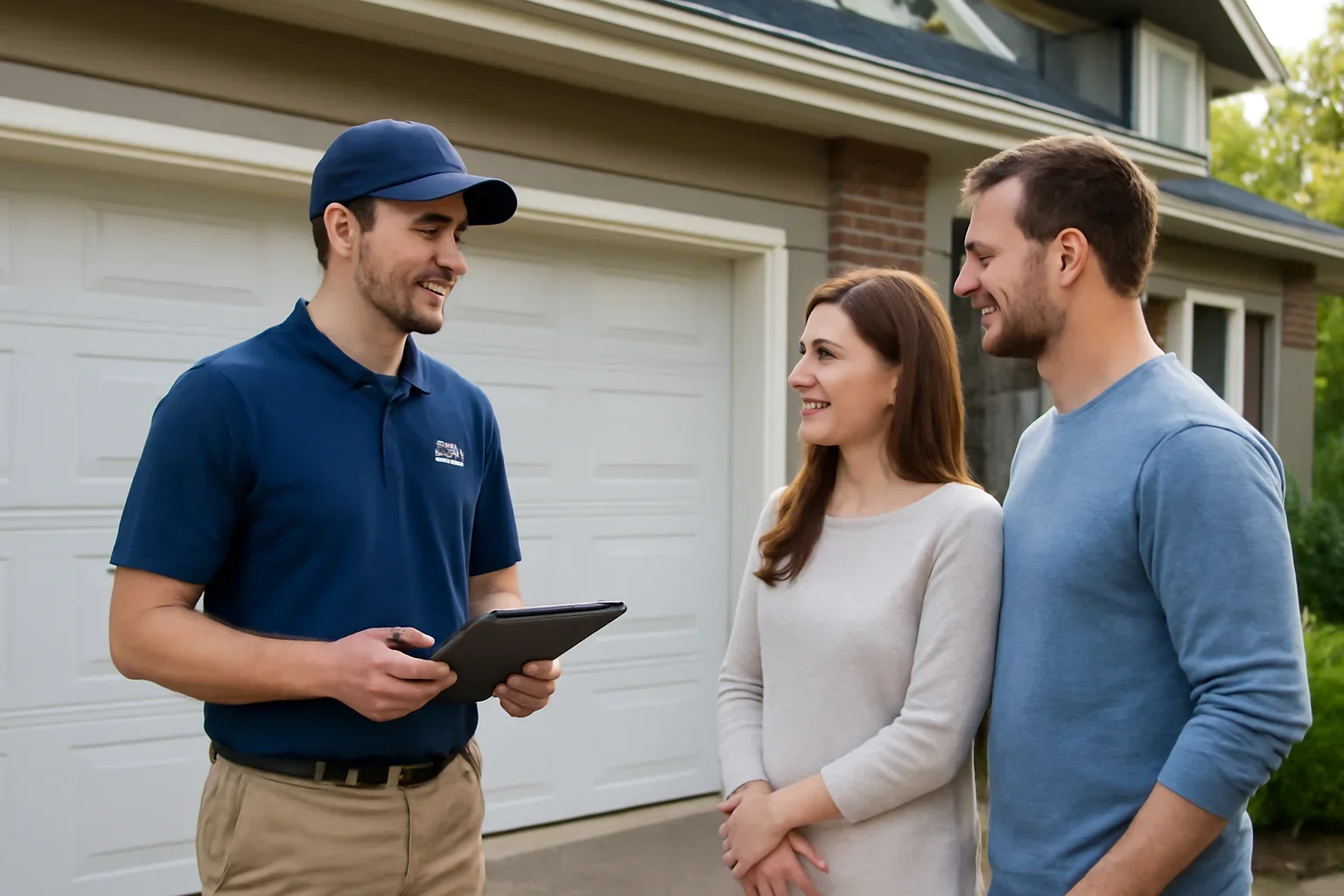 Garage door specialist discussing repair options with homeowners at a Langley property