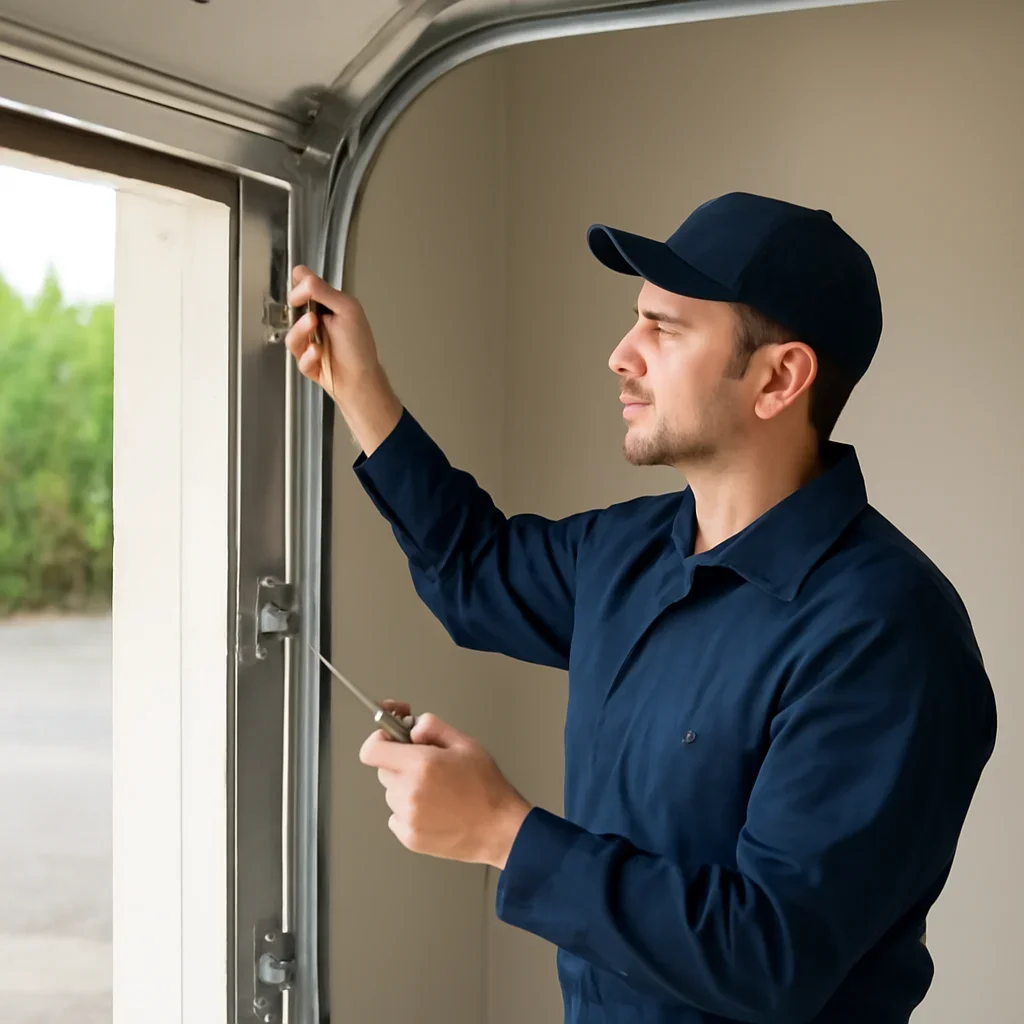 Garage door technician checking rollers, tracks, cables, and door alignment in a Langley garage