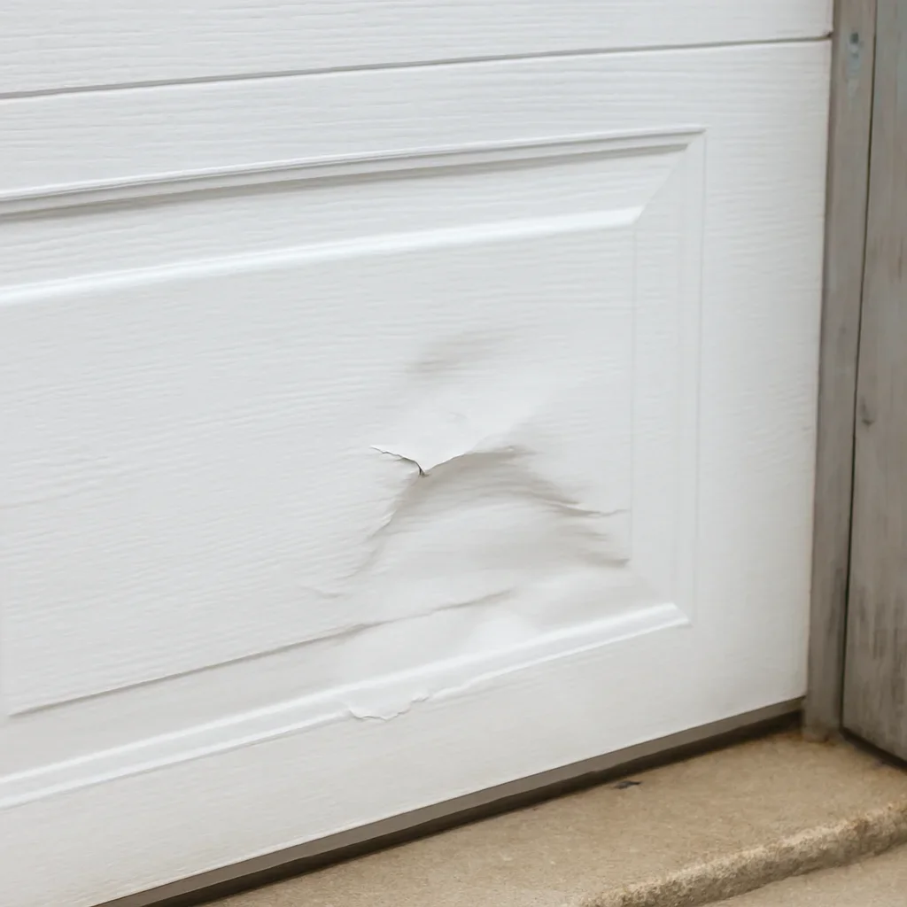 Close-up detail related to garage door panel damage: can it be repaired or replaced?