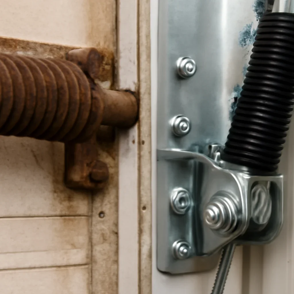 Close-up detail related to garage door spring repair vs full hardware upgrade