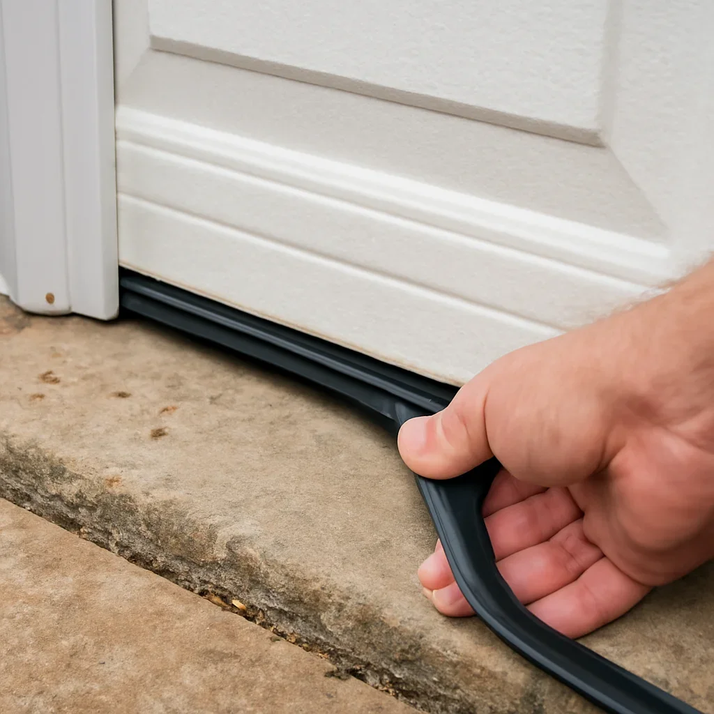 Close-up detail related to garage door weather seal replacement before rainy season