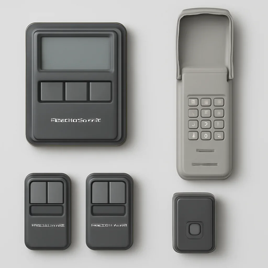 Chamberlain garage door opener controls, remotes and accessories in a residential garage