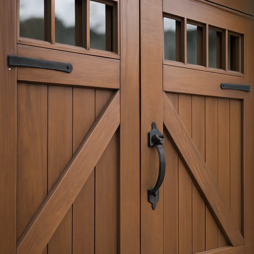 Close view of carriage house garage door overlays, windows and decorative hardware