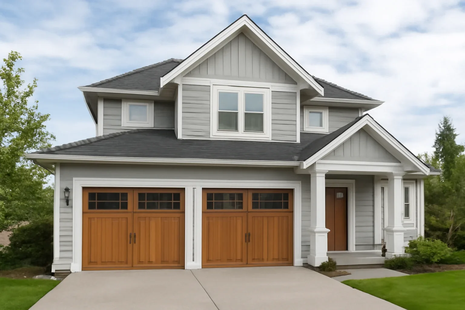 Carriage house garage doors installed on a Langley home