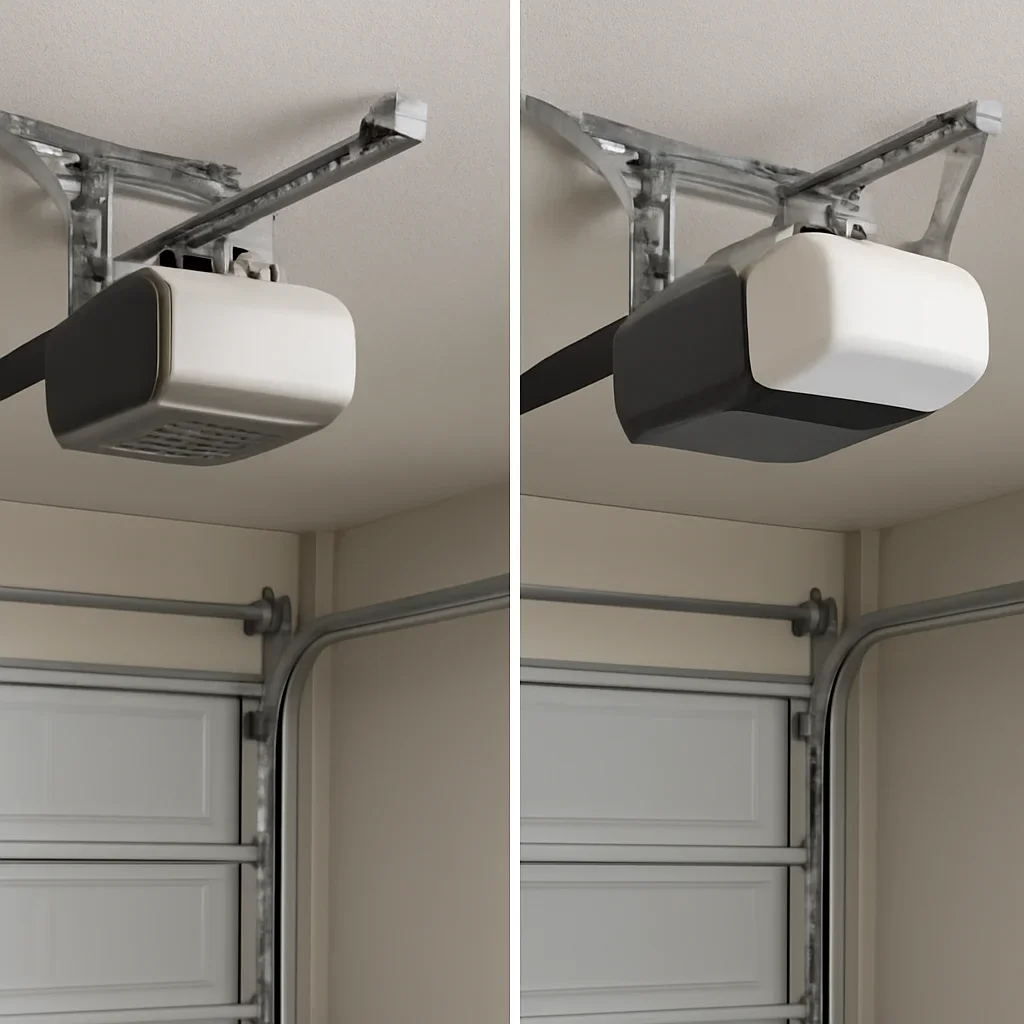 Side-by-side chain drive and belt drive garage door openers