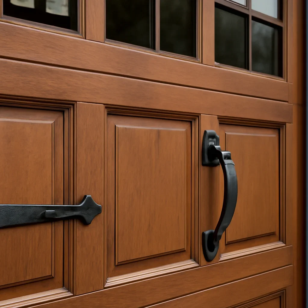 Close view of custom garage door panels, windows, finish and hardware