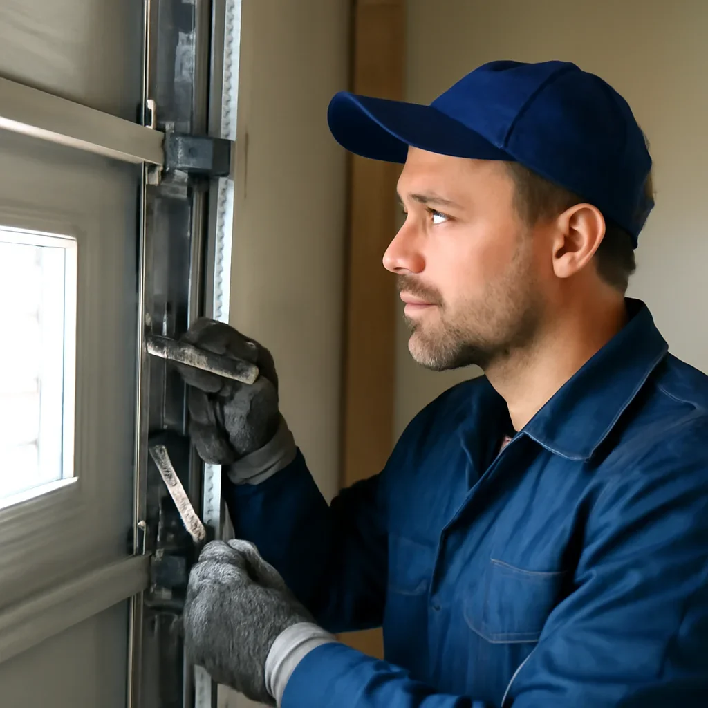 Technician inspecting garage door hardware during an emergency repair assessment in Langley