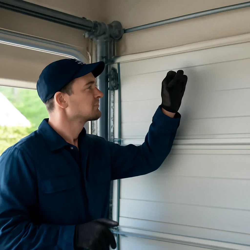Technician inspecting springs, cables, tracks, and hardware during a garage door balance adjustment in Langley