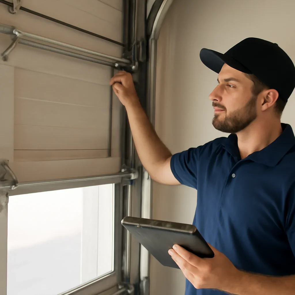 Technician inspecting cables, drums, springs, and tracks during garage door cable repair in Langley
