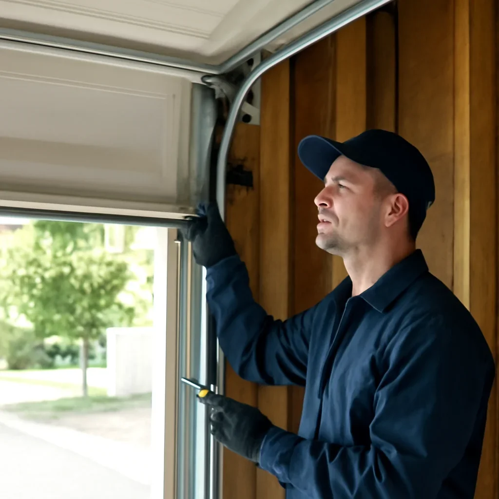 Technician measuring an opening and preparing tracks and hardware for garage door installation in Langley