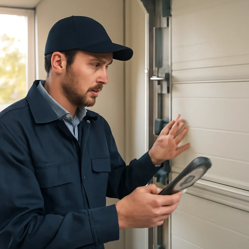 Technician checking keypad compatibility and opener controls during garage door keypad programming in Langley