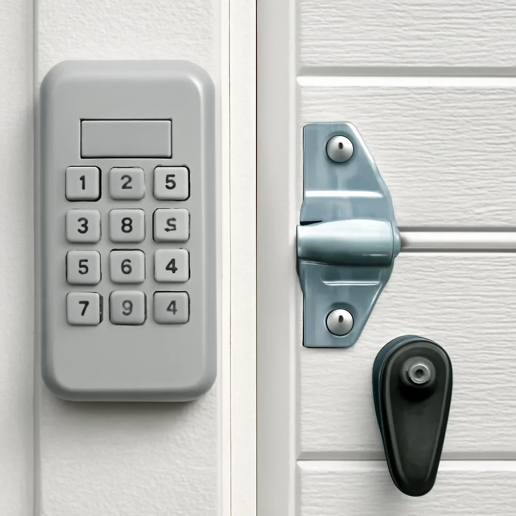 Close view of a weather-resistant garage door keypad and exterior mounting details