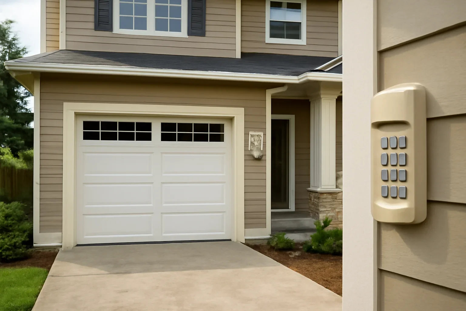 Wireless garage door keypad installed beside a residential garage in Langley