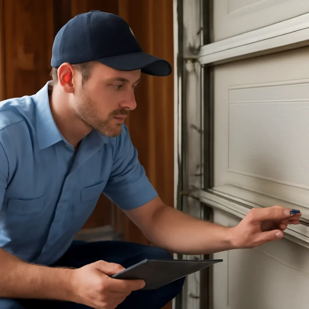 Technician inspecting rollers, tracks, hinges, springs, and opener components during garage door maintenance in Langley