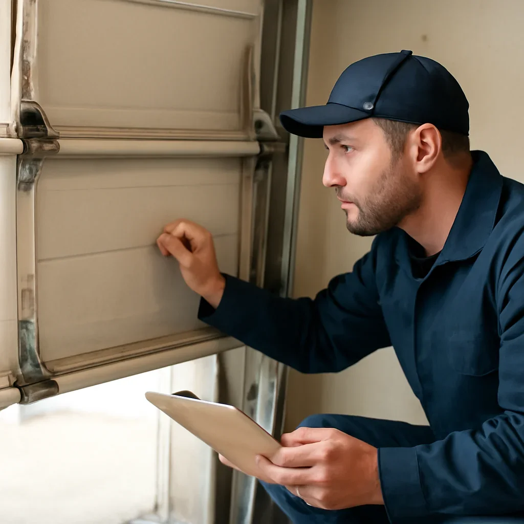 Technician inspecting tracks, rollers, cables, springs, and panels during garage door off-track repair in Langley
