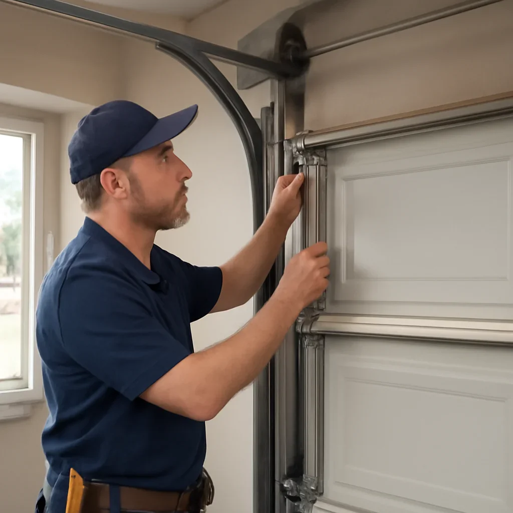 Technician measuring rail clearance and preparing controls and sensors for garage door opener installation in Langley