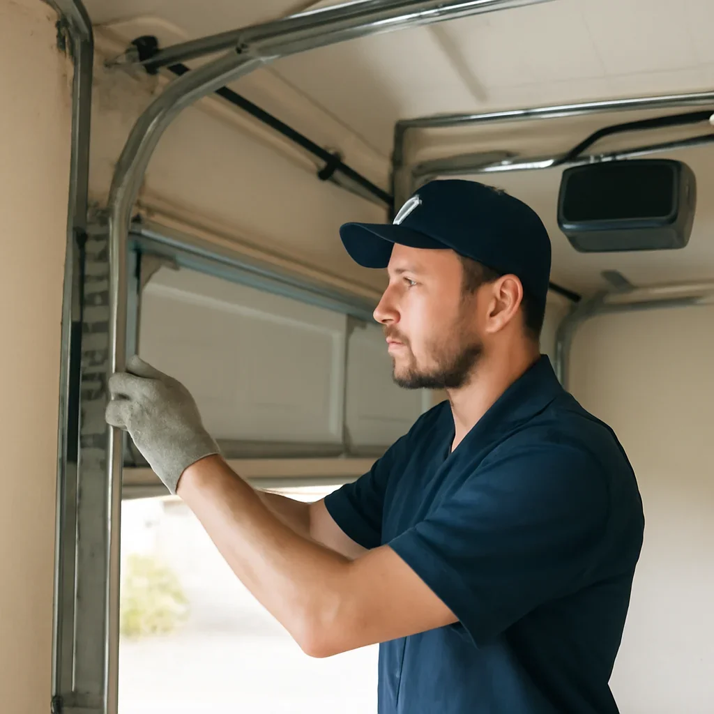 Technician inspecting a garage door opener motor, rail, trolley, controls, and sensors in Langley