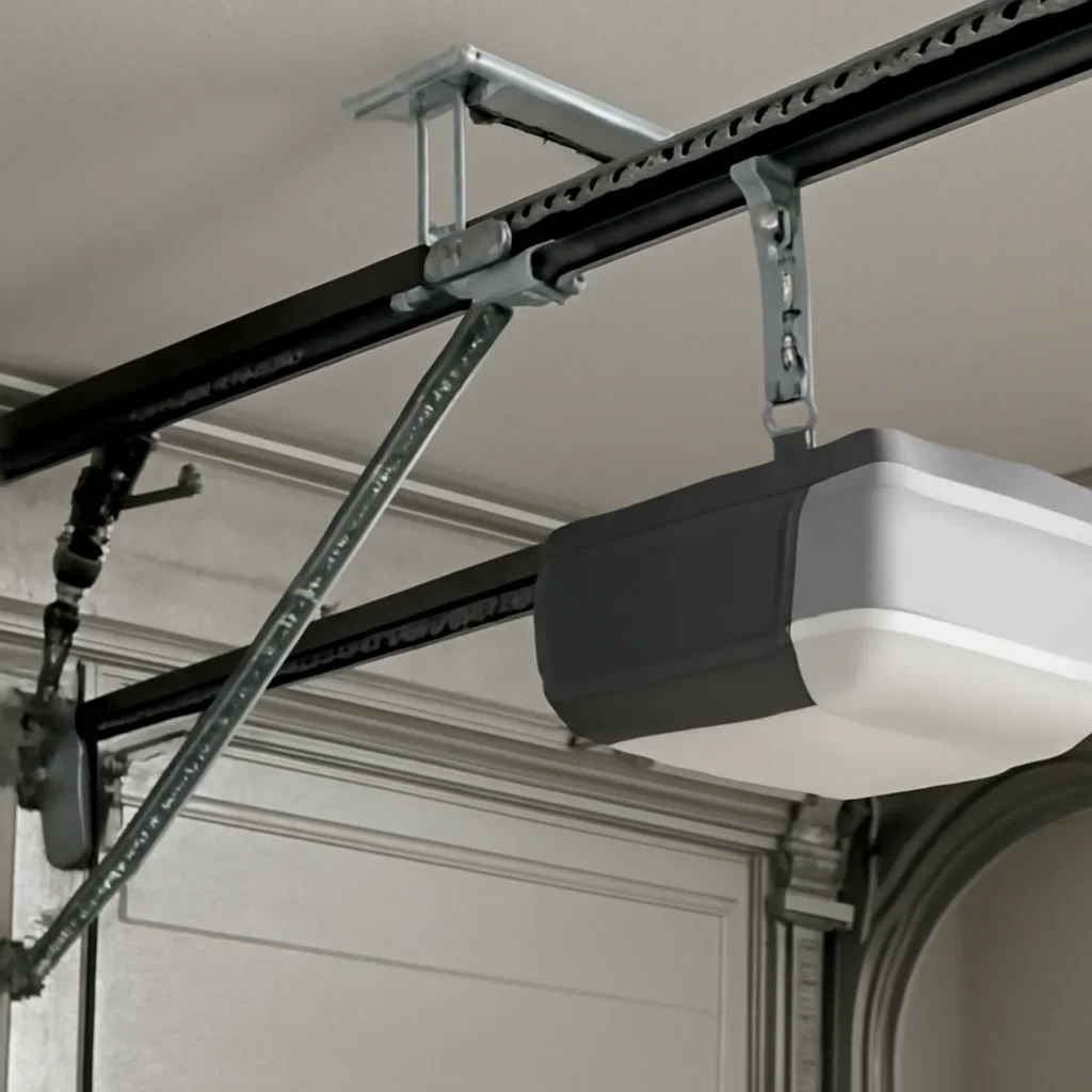 Close view of a residential garage door opener, rail, controls and hardware in Langley