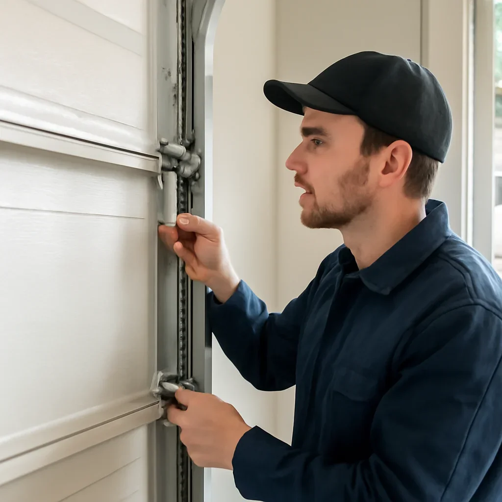 Technician inspecting a damaged garage door section, hinges, rollers, tracks, and reinforcement in Langley