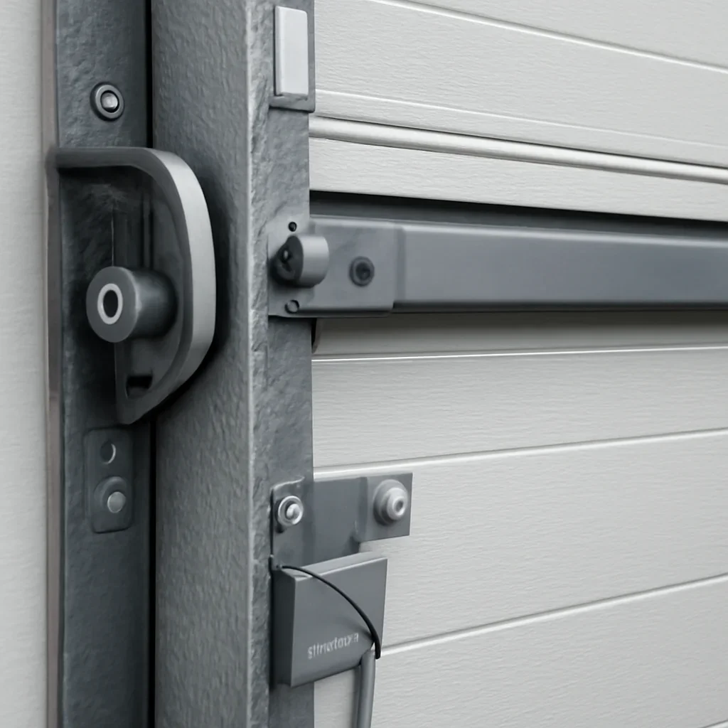 Close view of garage door parts, rollers, tracks and residential hardware