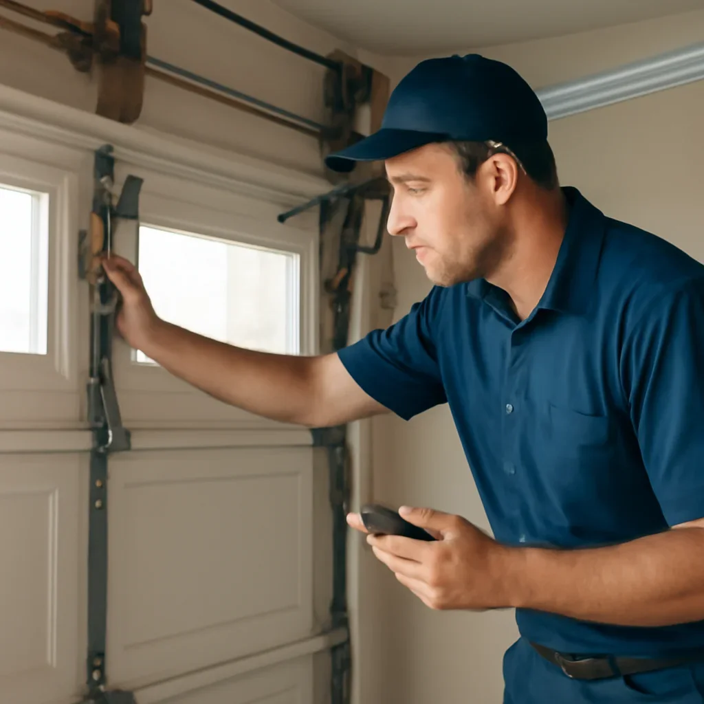 Technician checking a garage door opener receiver and remote programming controls in Langley