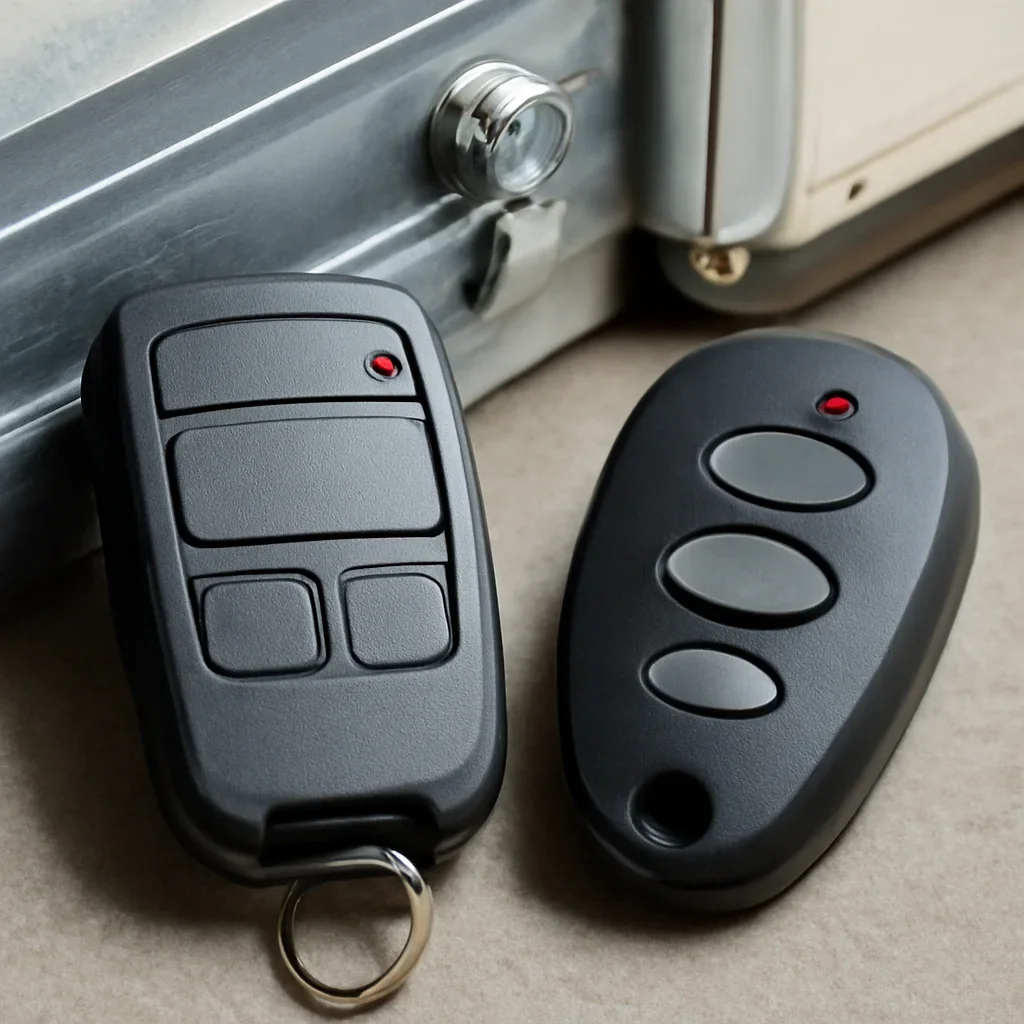 Close view of garage door remote buttons and access controls