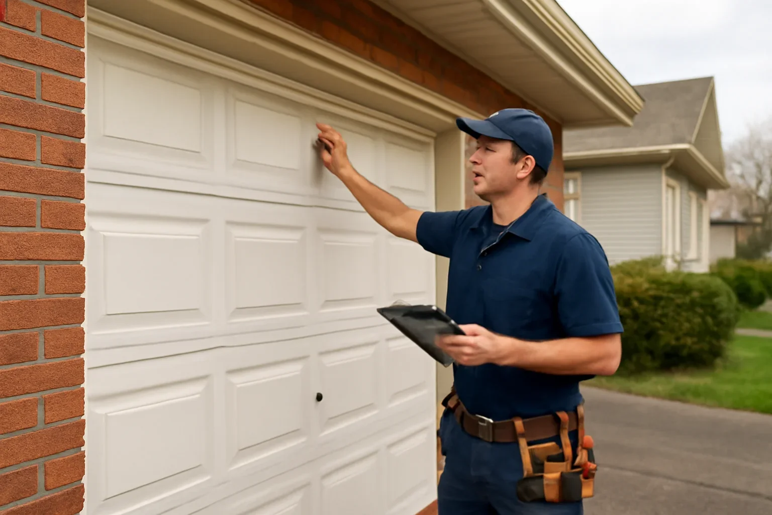 Technician assessing a residential garage door repair problem in Langley
