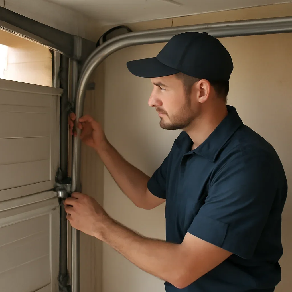 Technician inspecting springs, tracks, rollers, and opener components during garage door repair in Langley
