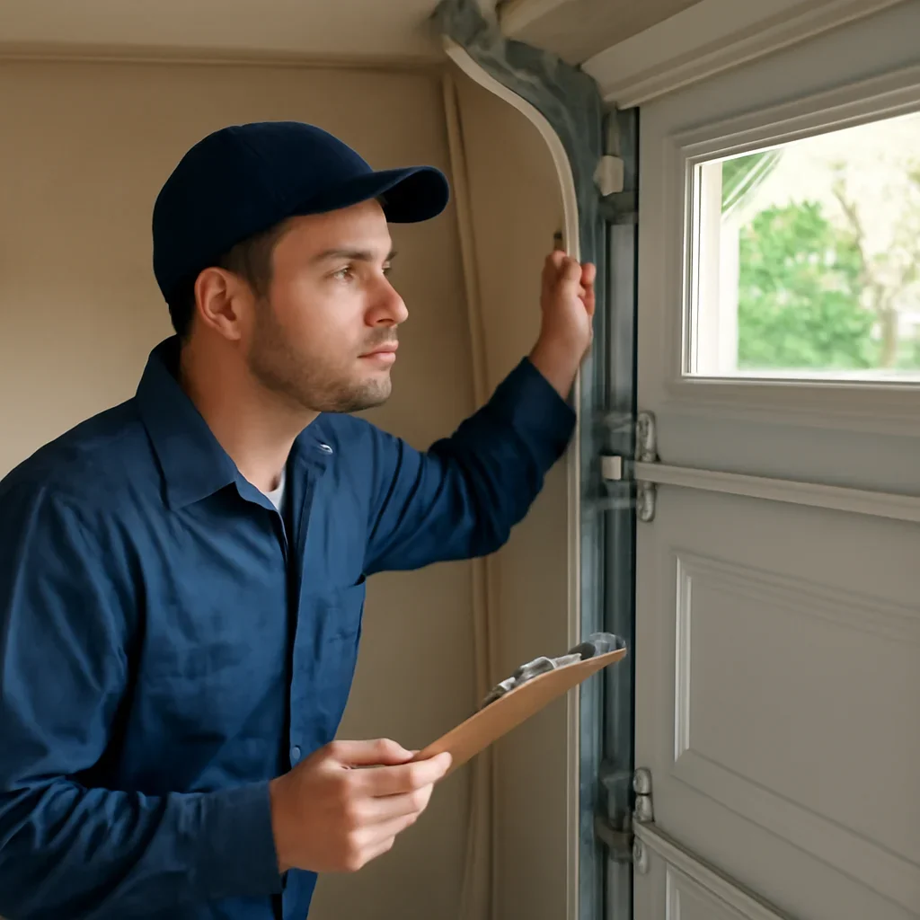 Garage door opening, tracks, and hardware being measured for a replacement door in Langley