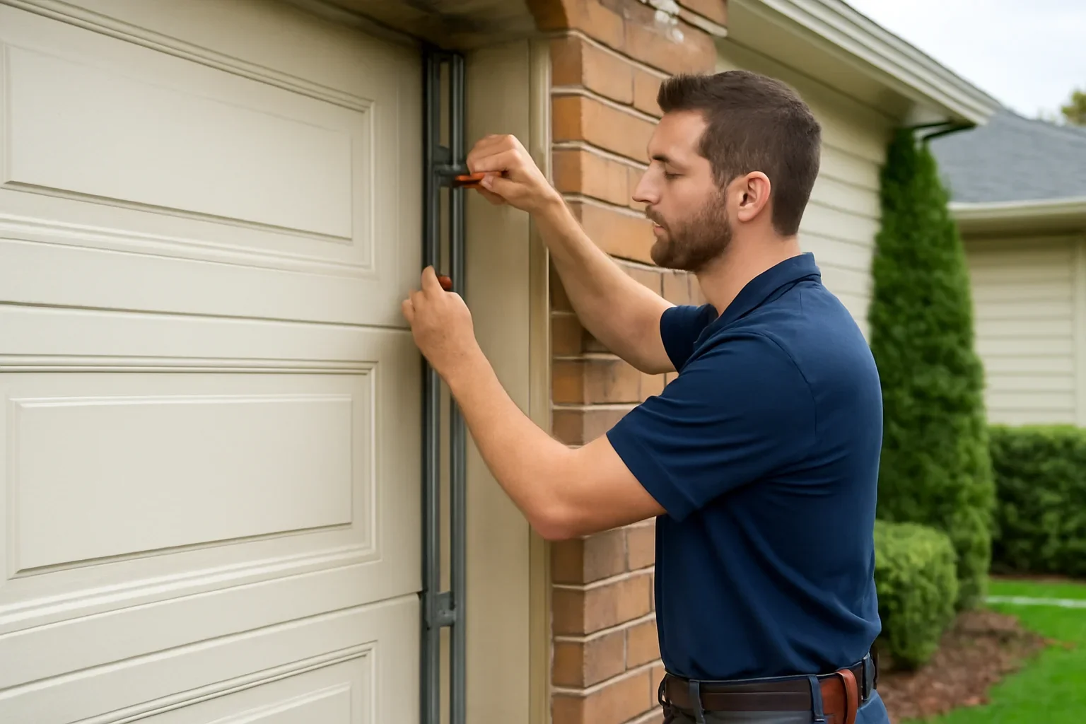 Technician assessing garage door rollers and track movement at a Langley home