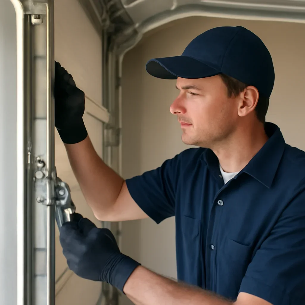 Close inspection of garage door roller, hinge, and track condition in Langley