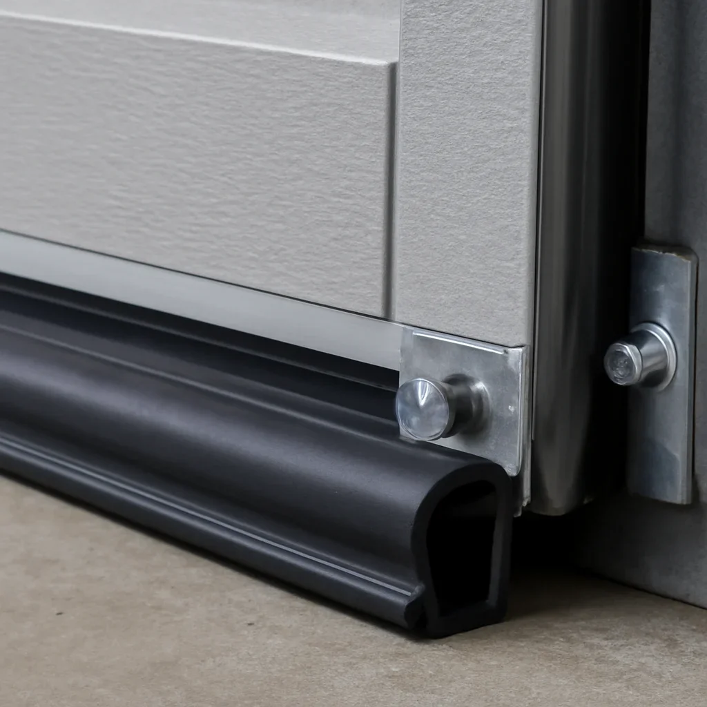 Close view of a garage door bottom seal and perimeter weatherstripping