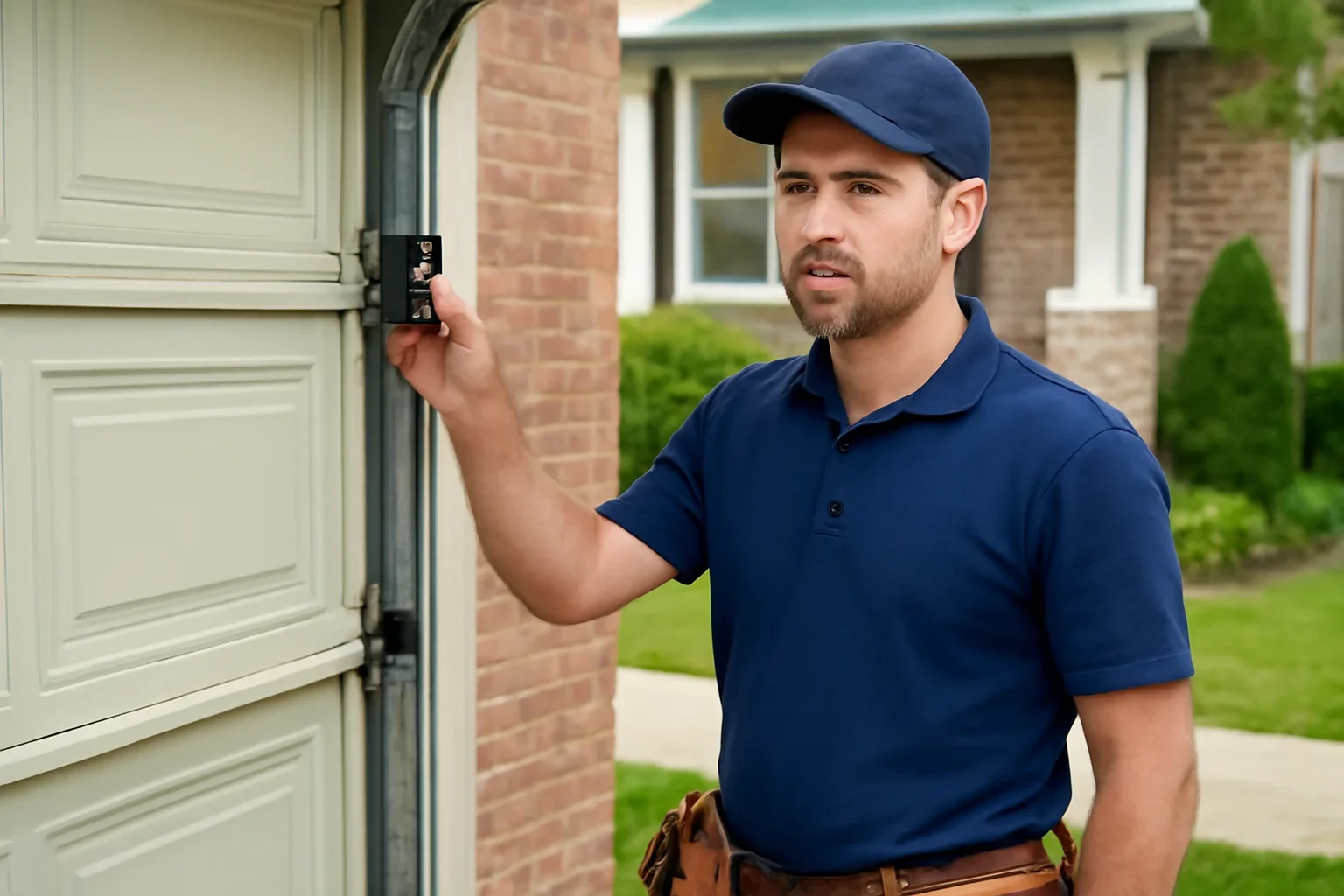 Garage door safety sensor inspection beside a residential garage door in Langley