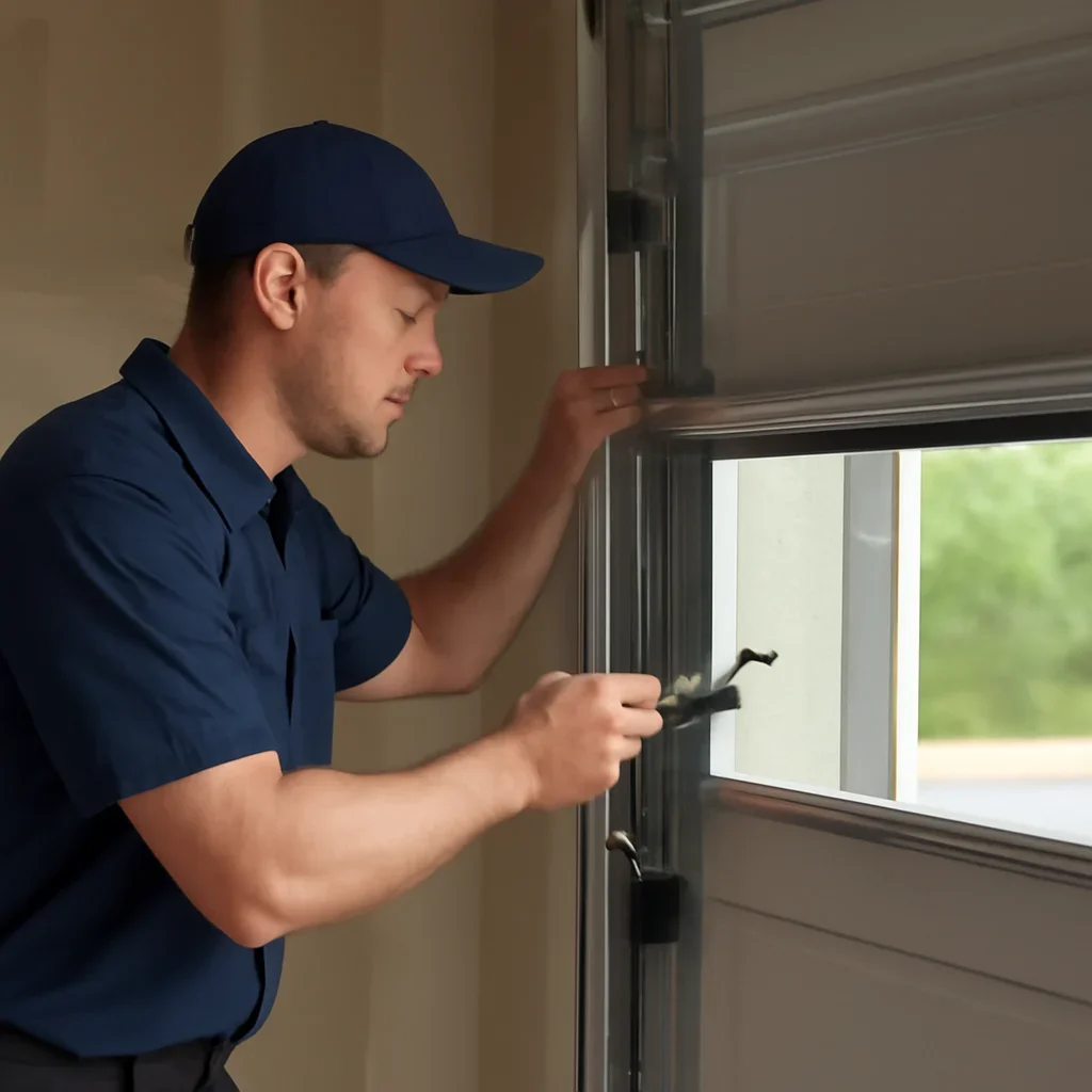 Technician inspecting garage door sensor alignment, wiring, and mounting hardware in Langley