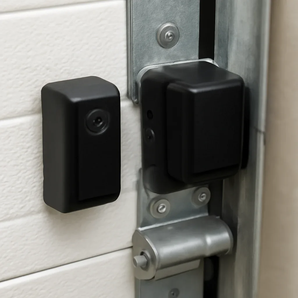 Close view of garage door safety sensors, mounting brackets and wiring