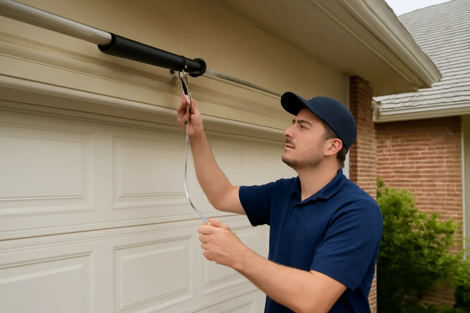 Technician assessing a garage door spring system at a Langley home
