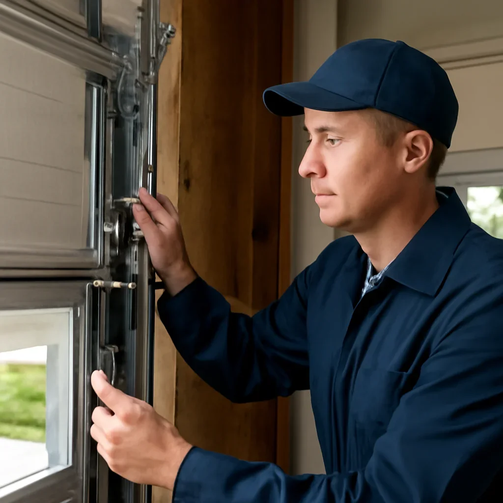 Close inspection of garage door spring, shaft, cable, and drum components in Langley