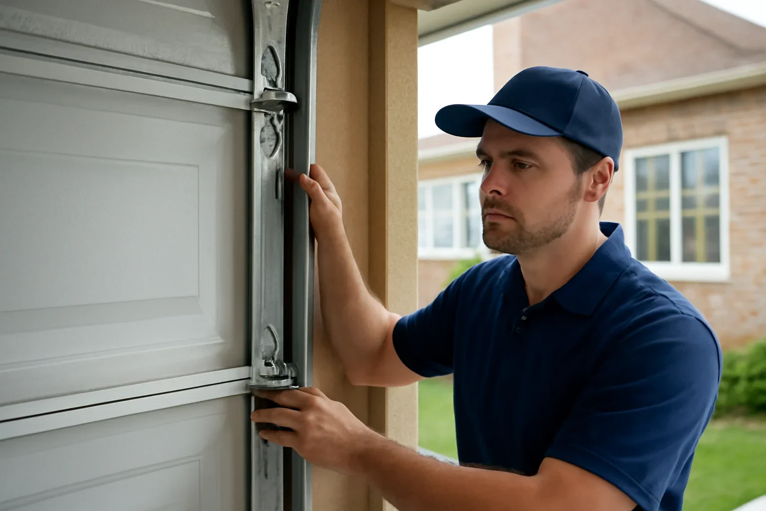 Technician assessing garage door track alignment at a Langley home