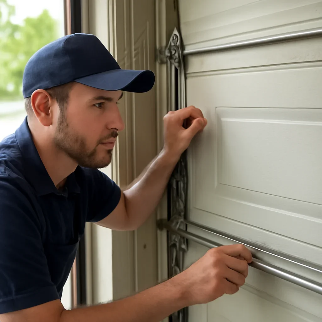 Technician inspecting a garage door bottom seal, retainer, and floor contact in Langley