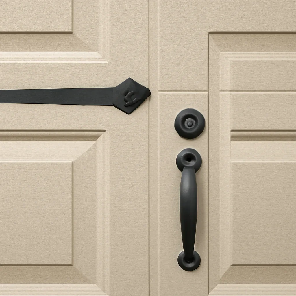 Close view of residential garage door panels, windows, hardware and weather sealing in Langley