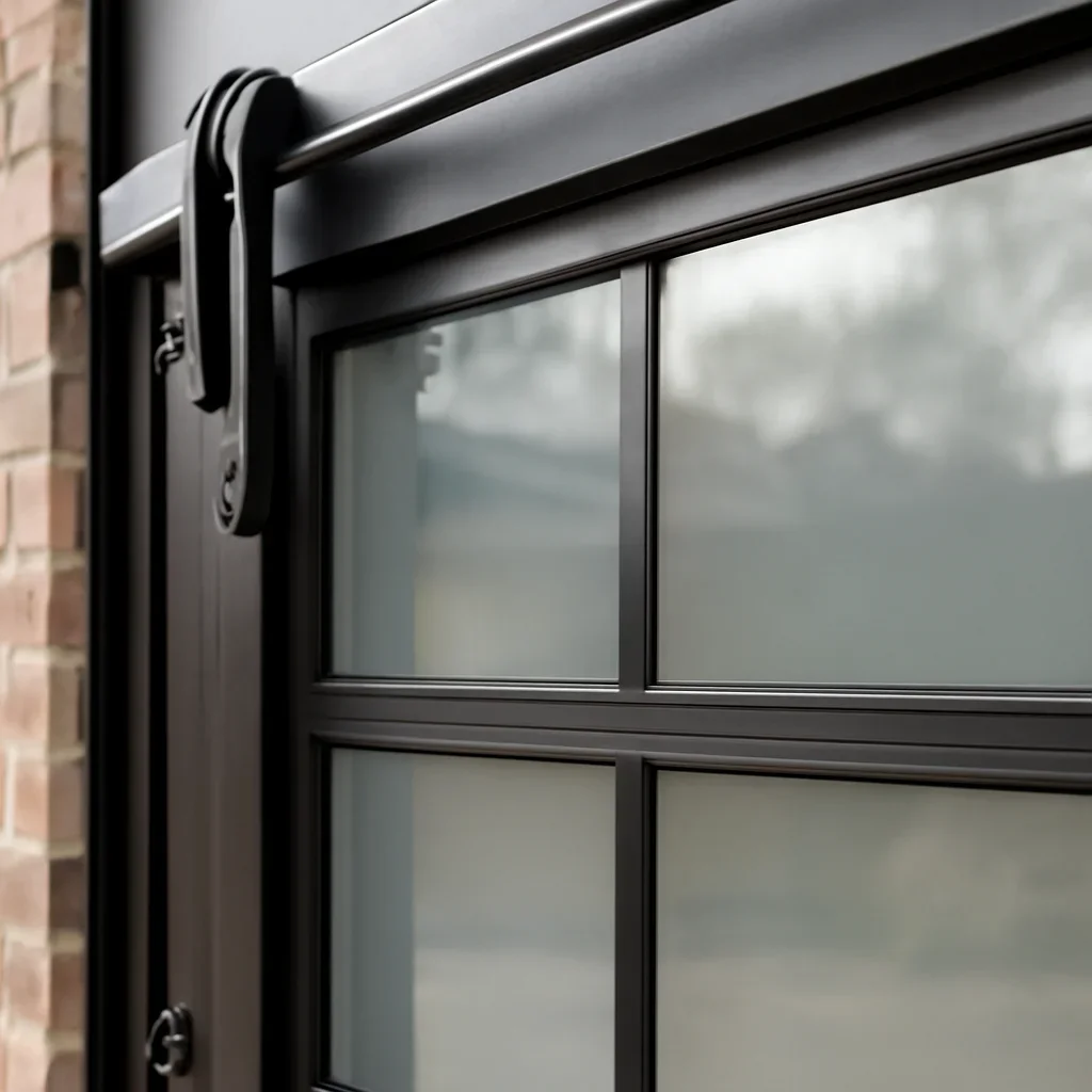 Close view of glass garage door panels and aluminum framing