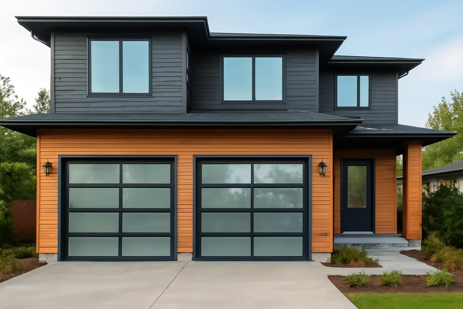Modern glass garage door installed on a Langley home