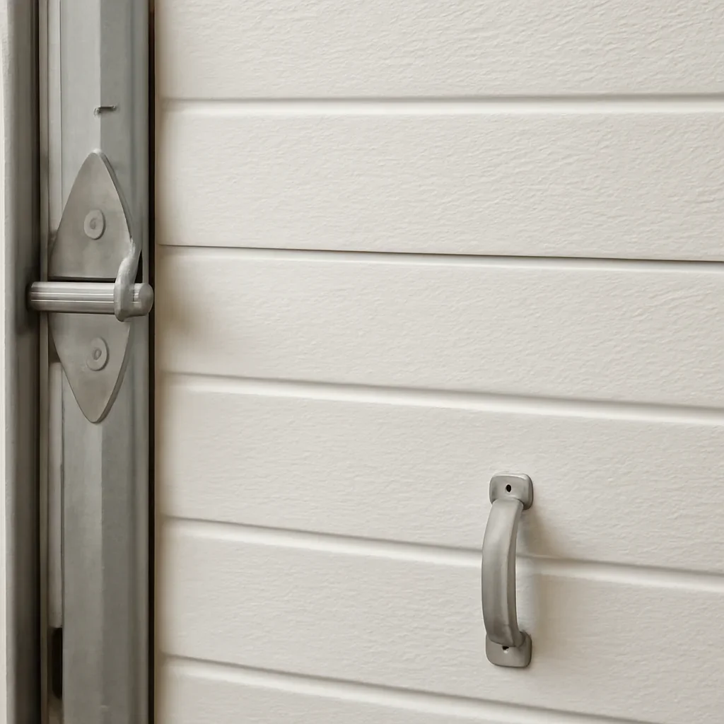 Close view of insulated garage door panels, joints and interior construction