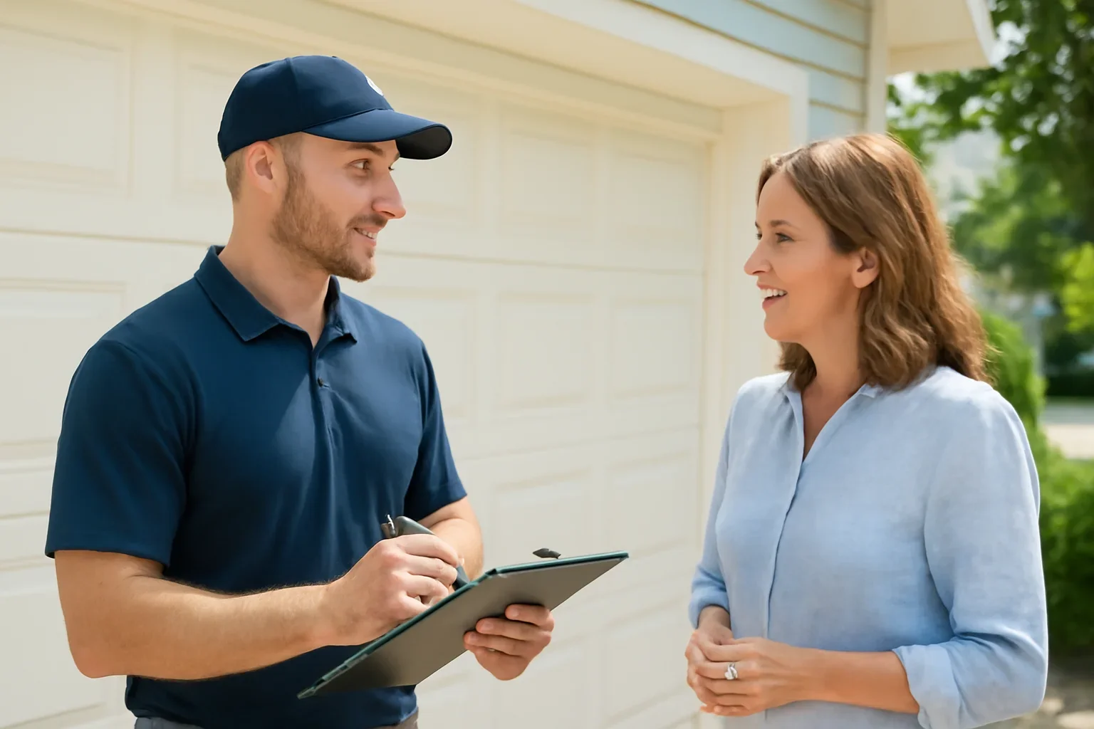 Garage door technician reviewing service options with a Langley homeowner