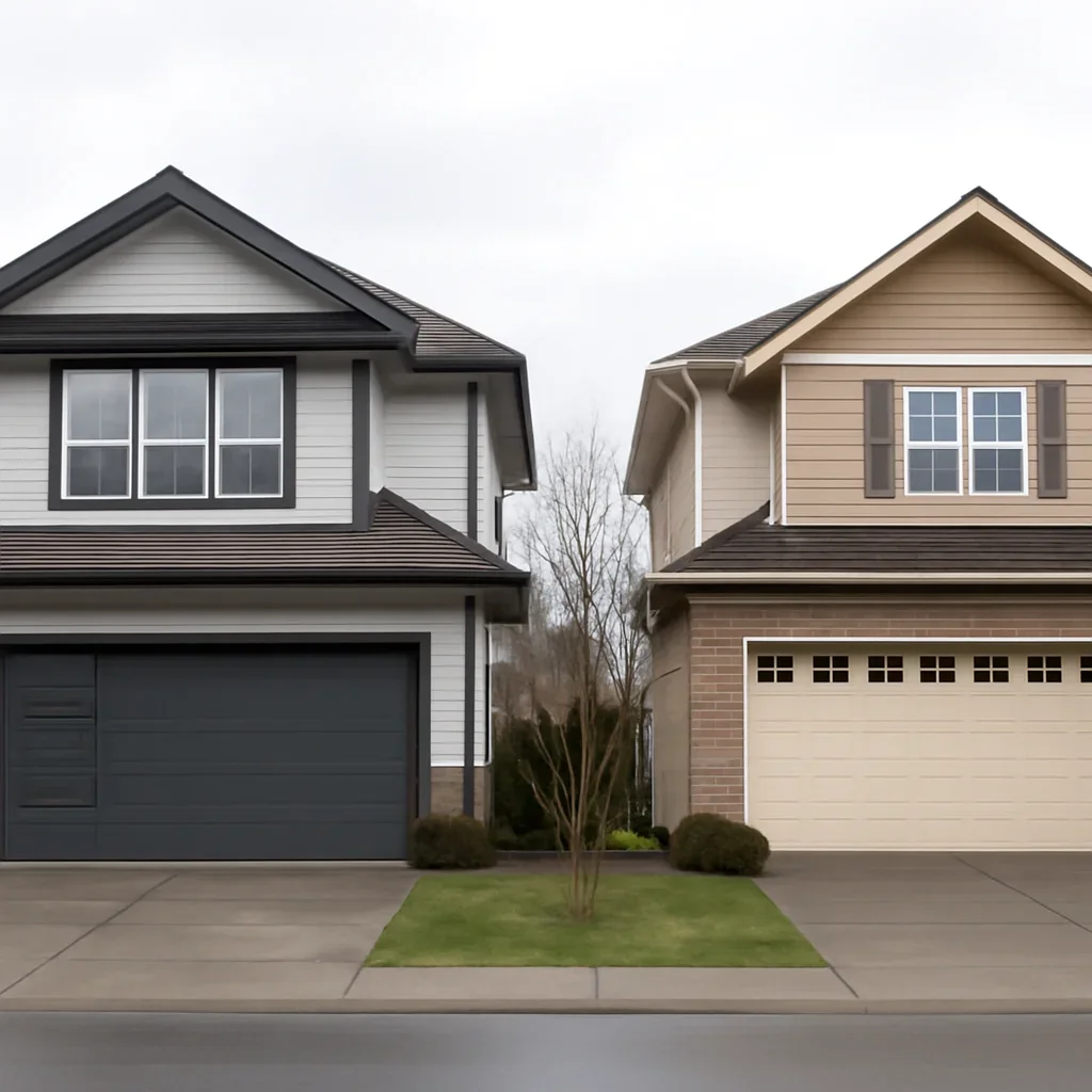 Modern and traditional garage doors on homes in Langley neighbourhoods