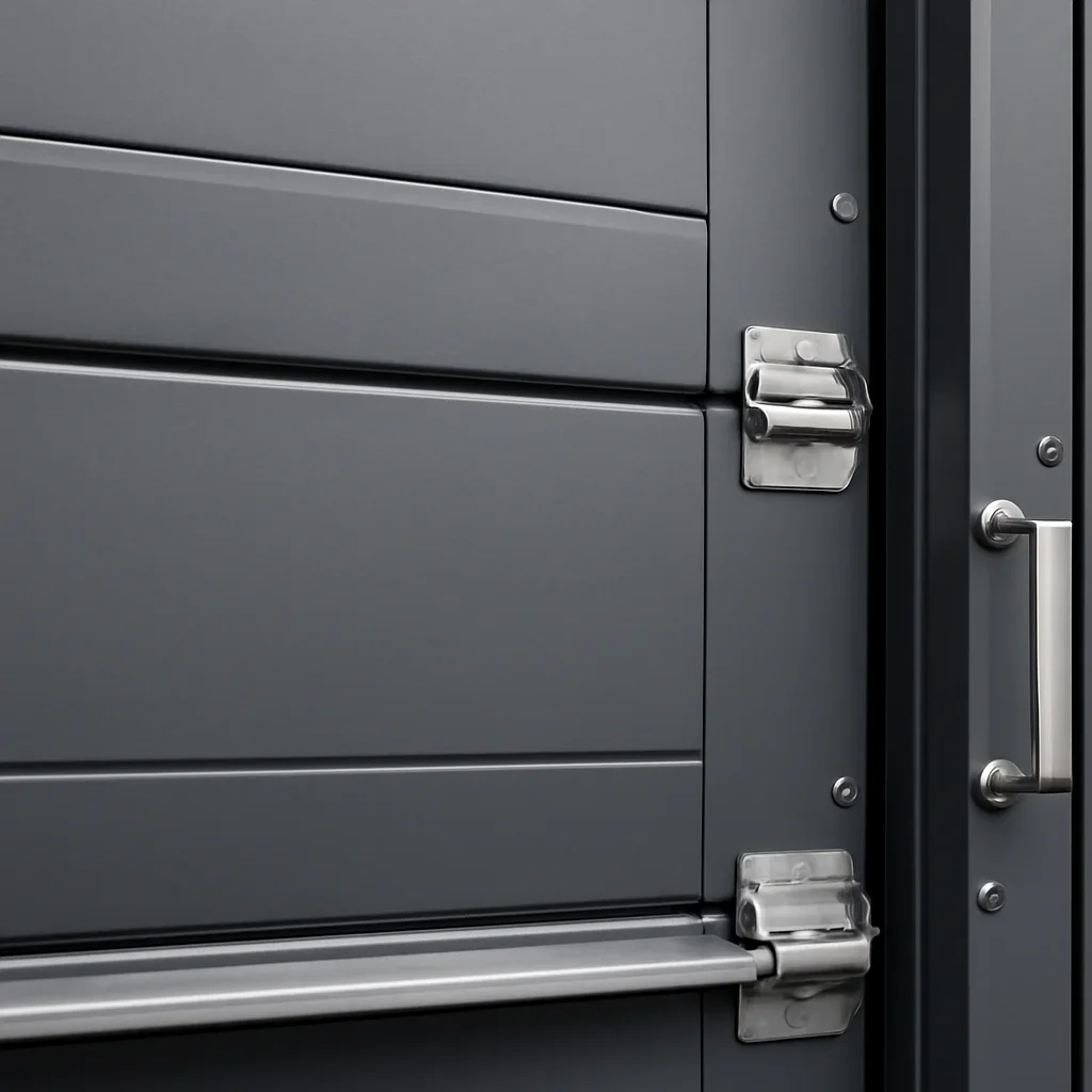 Close view of modern garage door panels, windows, finish and hardware