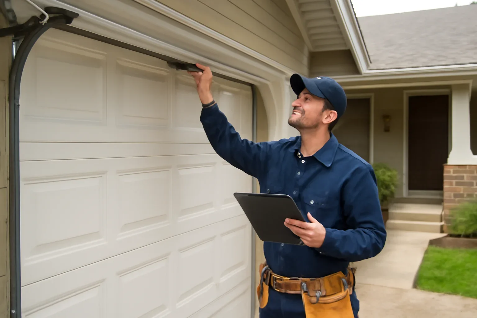 Technician assessing a sectional overhead garage door at a Langley property
