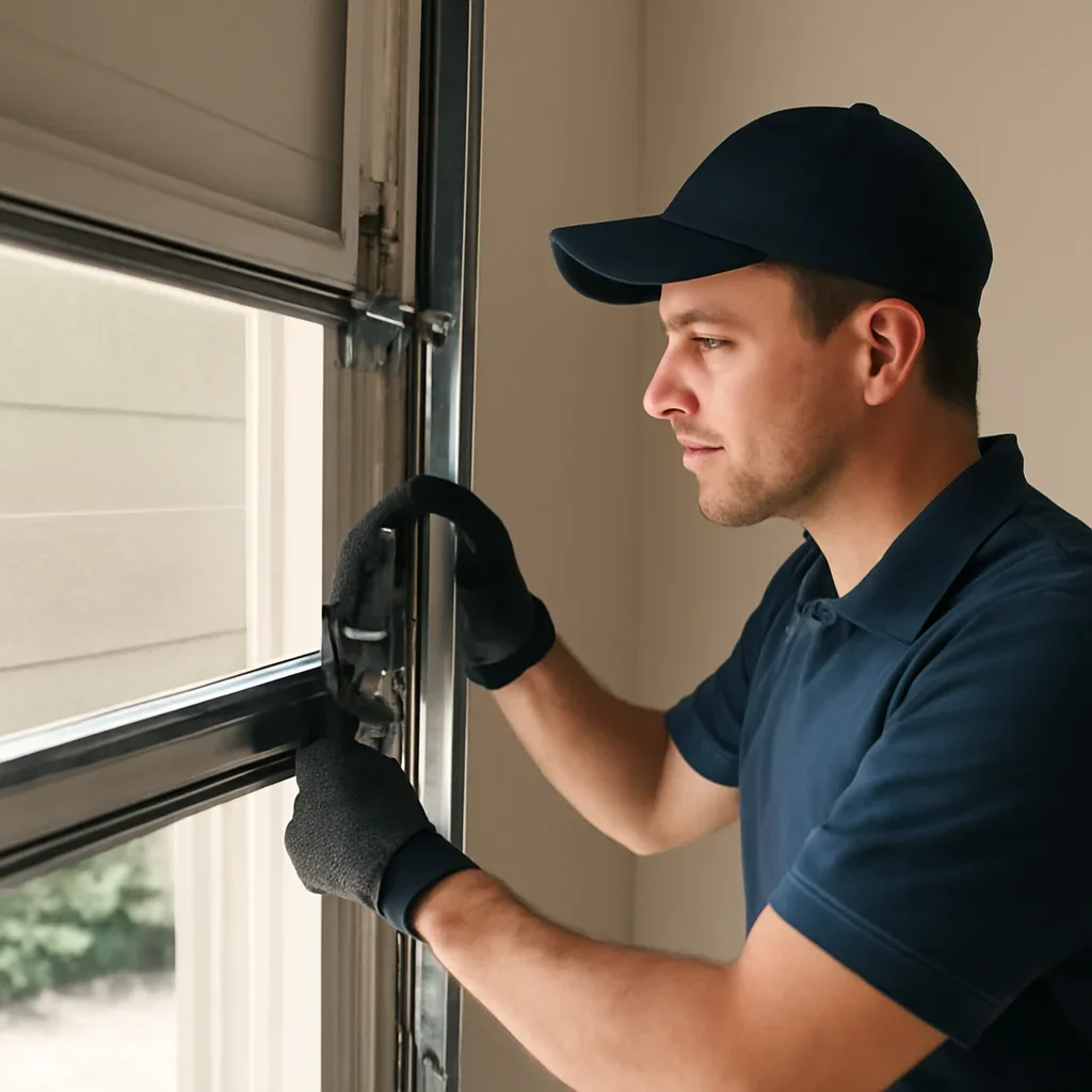 Technician inspecting garage door hardware during an urgent same-day repair assessment in Langley