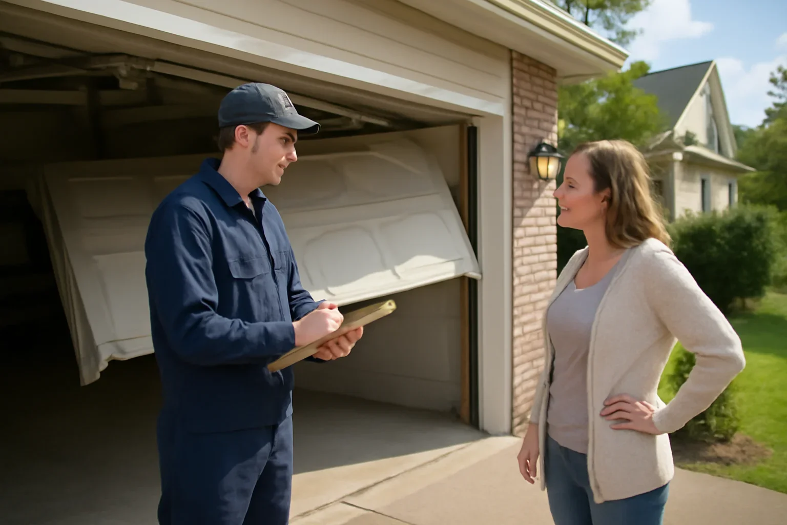Technician assessing a crooked off-track garage door at an Aldergrove property
