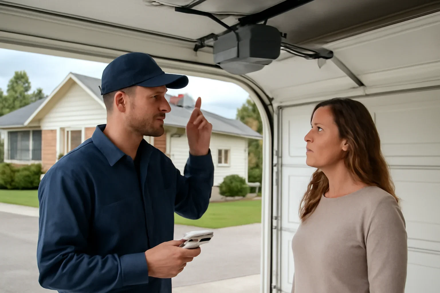Technician assessing a garage door opener system at an Aldergrove property